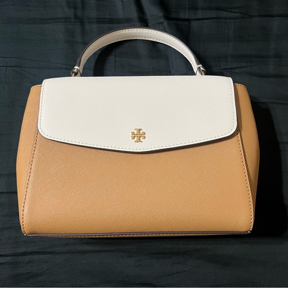 Tory Burch two-tone color block tan and white top handle purse.